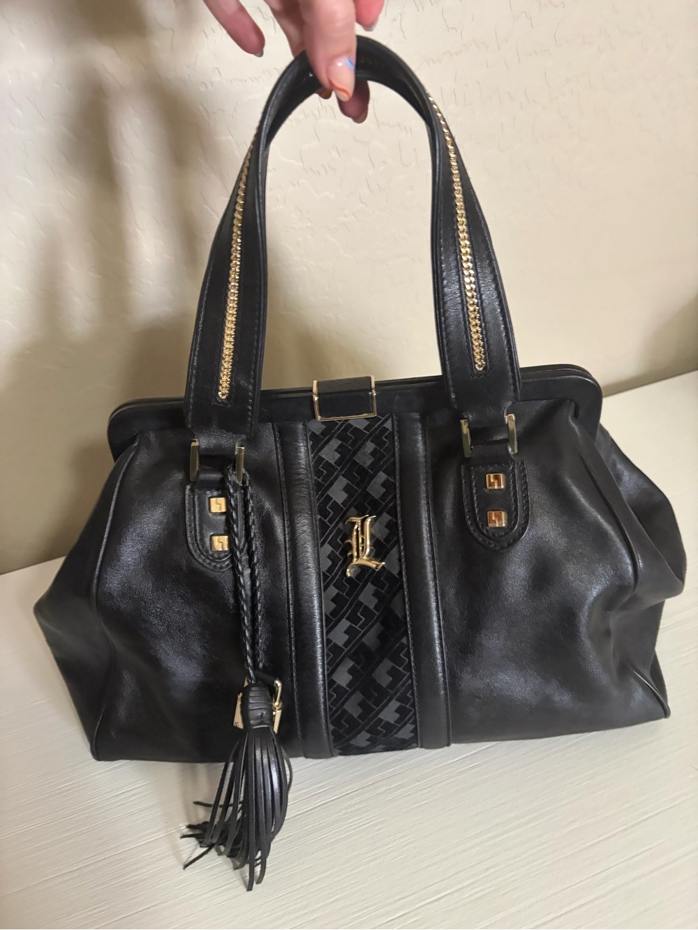 🖤⚜️’06 Vintage L.A.M.B. “Capri” Satchel Bowler Leather Tote Velvet & Gold ⚜️🖤